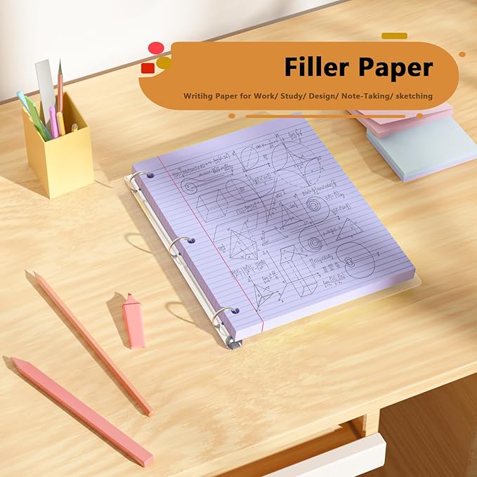 Purple Loose Leaf Paper 100 Sheets Colored Filler Paper 8 * 10.5 College Ruled Paper 3-Hole Punched Paper for 3-Ring Binders Notebook Lined 8" x 10.5"