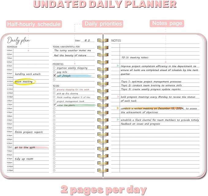 Undated Daily Planner With Hourly Schedule, To Do List Spiral Notebook, Easily Organize Your Work Tasks And Appointments, Perfect School Or Office Supplies For Organizing & Planning, 7.5"x10", Pink