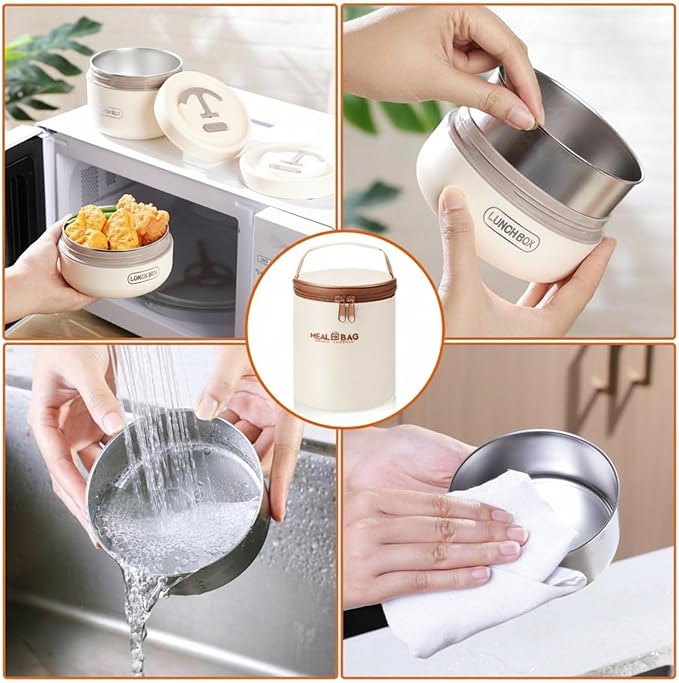 Dandat 2 Pcs Portable Insulated Lunch Containers Thermal Bento Box with Bag Fork Knife Microwavable Stainless Steel Lunch Box 15.2 oz 21 oz Separate Stackable Food Jar for Adult Men Women(Beige)