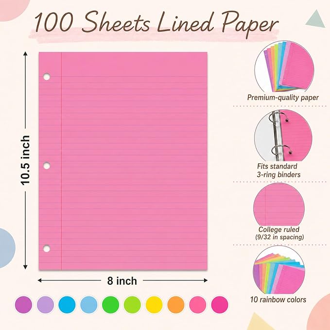 gisgfim 100 Sheets 3 Hole Punched Lined Refill Paper 8 x 10.5 Inch Loose Leaf Paper 3-Ring Binders College Ruled Notebooks Planner Inserts Thicken for Writing School Office Home Supplies(Colorful)
