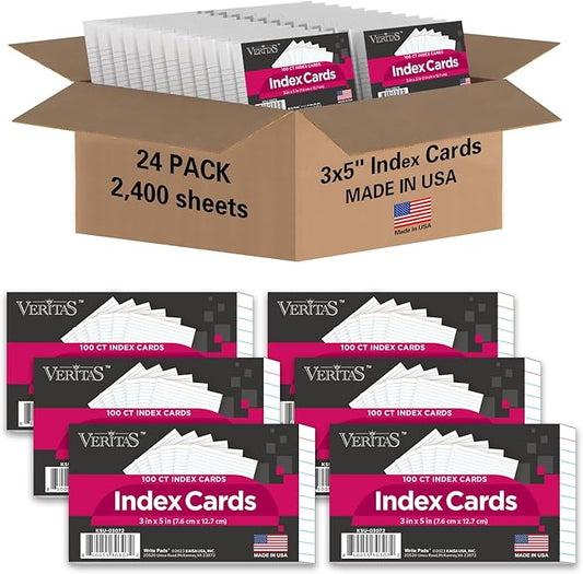 Index Cards 3x5 Inch Heavy Weight Lined Flash Index Card Wide Ruled Study Cards Blank Back Bulk Pack of 2400 Notecards (24pk of 100) for Studying School Home Office Made in USA