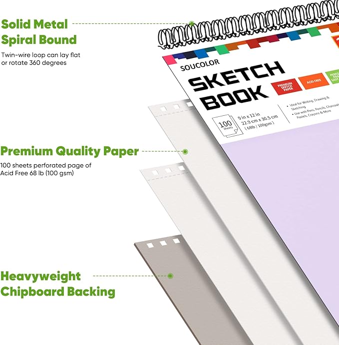 Soucolor 9" x 12" Sketch Book, Gifts for Girl, Birthday Gifts for Women, Thank You Gifts, Stocking Stuffers,2 Pack Art Supplies 100-Sheets Each (68lb/100gsm) Purple Drawing Notebook for Kids