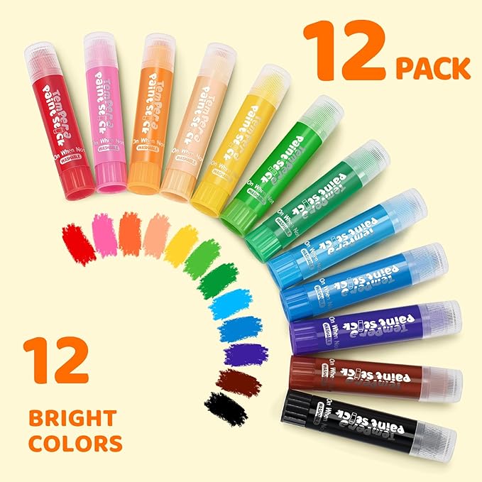 Toidgy 144 Pcs Tempera Paint Sticks, 12 Classic Colors, Washable Solid Paint Sticks for Kids Toddlers, Painting Art Supplies for Classroom Students, Class Pack, Non-Toxic, Quick Drying, Back to School Supplies Bulk