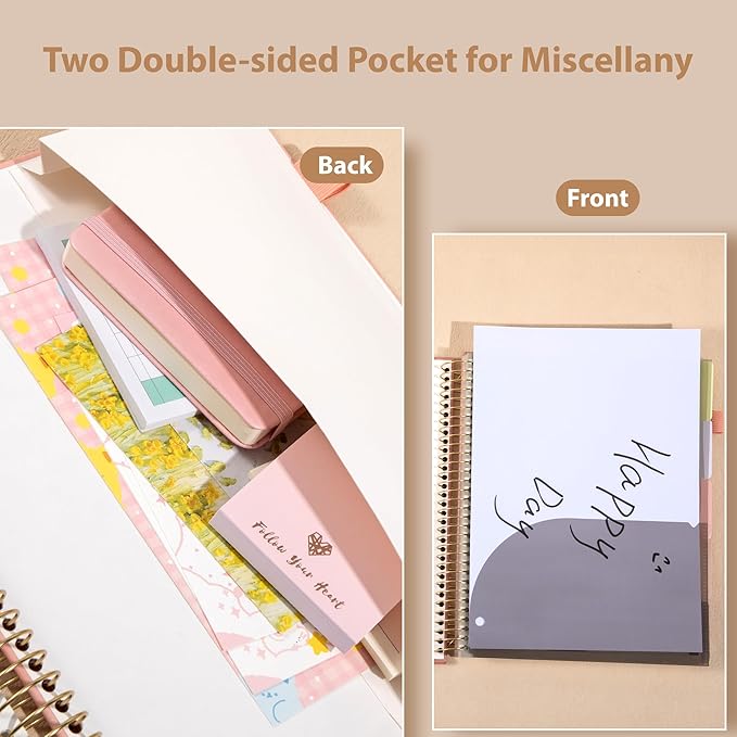 Yoment Hardcover Spiral Notebook 8.5" x 11" Pink 5 Subject Notebook College Ruled with Dividers Tabs 300 Pages Large Leather Spiral Journal Notebooks for Work School Note-Taking Business
