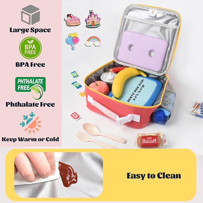 CaCTOUR Lunch Box Kids,Fun Color Lunch Box for Girls,Large Soft Cooler Lunch Bag for Kids,Back to School Thermal Insulated Lunch Tote Bag for School Daycare Outdoor (Pink Red)