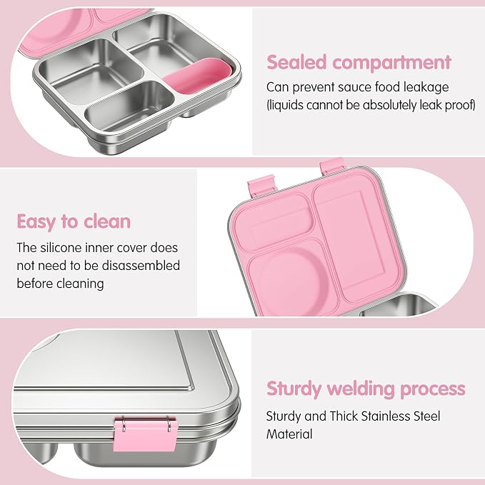 Stainless Steel Bento Box Kids Adult with 8oz Soup Thermo, 3 Compartments Metal Bento Lunch Box with Insulated Food Jar,Lunch Box Container Sauce Cup for School,BPA-Free(Pink)