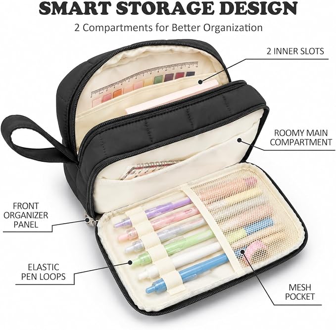 Puffer Quilted Pencil Pouch for Women, Large Capacity Organizer Bag with Multiple Compartments, Cute Aesthetic Pencil Case for Office, Travel & Daily Essentials (black)
