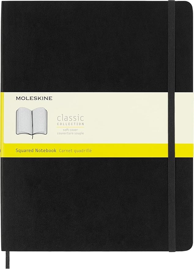 Moleskine Classic Notebook, Soft Cover, XL (7.5" x 9.5") Squared/Grid, Black, 192 Pages