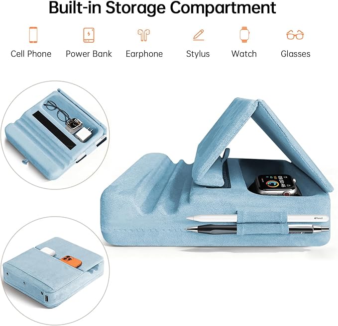 Tablet Pillow Stand with Storage, Foldable iPad Holder for Lep, Bed, Sofa, and Desk - Soft Pad Dock with Pocket and Stylus Mount Compatible with 4-13" iPad Pro/Air/Mini, Galaxy Tab, Kindle