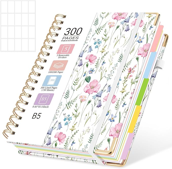 Hardcover Spiral Journal Notebook, 300 Pages 5 Subject Notebook College Ruled with Removable Dividers Tabs, 8" x 10" Notebooks for Work, Spiral Ruled Lined Writing Journal Hardcover Leather Notebook for School (Blue and pink flowers, 8''x 10'')