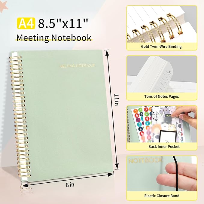 SUNEE Meeting Notebook for Work with Sticky Tabs - 160 Pages, A4 Size Project Planner, Spiral Meeting Agenda/Minutes Notebook Organizer for Women Men, Note Taking, Office&Business,8.5"x11", Sage Green