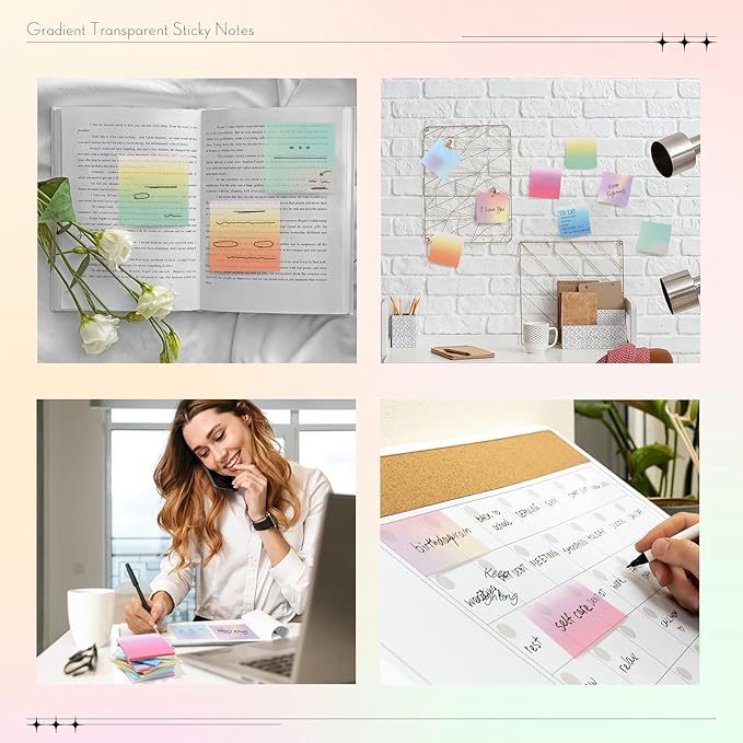 Fullhawl 400 Sheets Gradient Transparent Sticky Notes 3 x 3 Inch Clear Pastel Aesthetic Self-Adhesive Sticky Notes for Annotating Bible Journaling Office College Supplies, 8 Pads