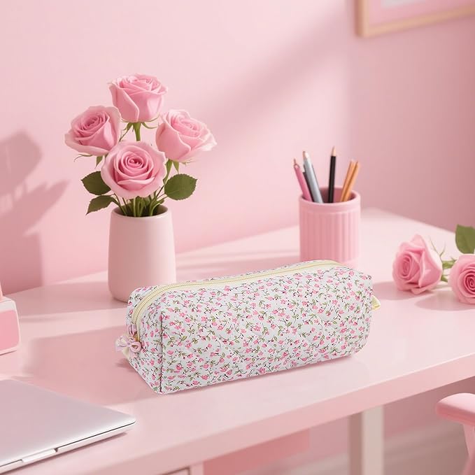 Cute Quilted Pencil Case for Girls Women, Aesthetic Small Floral Pencil Pouch,Slim Soft Pencil Bag for School Supplies Makeup Pouch for School & Daily Use (pink floral)