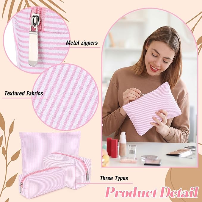 Huhumy 3 Pcs Makeup Bag Set Cute Stripe Cosmetic Pouch for Women Aesthetic Seersucker Travel Toiletry Bag Set Preppy Small Makeup Purse Pouch Cosmetic Organizer Pencil Case with Zipper(Pink)