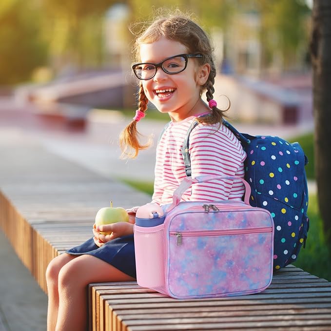 Bagseri Kids Lunch Bag Girls - Thermal Insulated Lunch Box Tote with Water Bottle Holder, Reusable Leak-Proof Kids Lunch Box for Daycare & School, Pink Tie-dye (Containers Not Included)