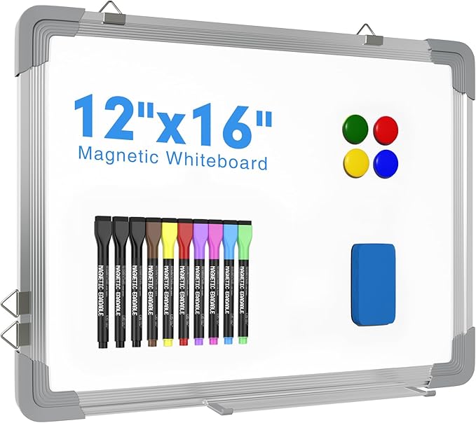 White Board Dry Erase, 12" x 16" Magnetic Whiteboard Double-Sided Dry Erase Board, 10 Markers, 4 Magnets, 1 Eraser, Portable Small Whiteboards for Adults School Office Home