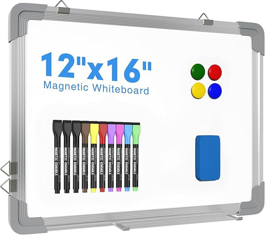 White Board Dry Erase, 12" x 16" Magnetic Whiteboard Double-Sided Dry Erase Board, 10 Markers, 4 Magnets, 1 Eraser, Portable Small Whiteboards for Adults School Office Home