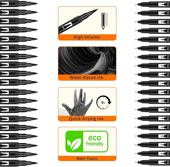 Black Drawing Pens, 12 Pack Felt Tip Markers for Adults and Kids, Dual Tip Brush Fineliners Pens for Art Drawing Sketching