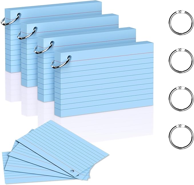 200 Count 3 x 5 Inch Blue Index Cards with Binder Rings, Lined & Blank Study Cards, Thick Cardstock Flash Cards for Students & Teachers, Color-Coded Notecards for School, Home, Work