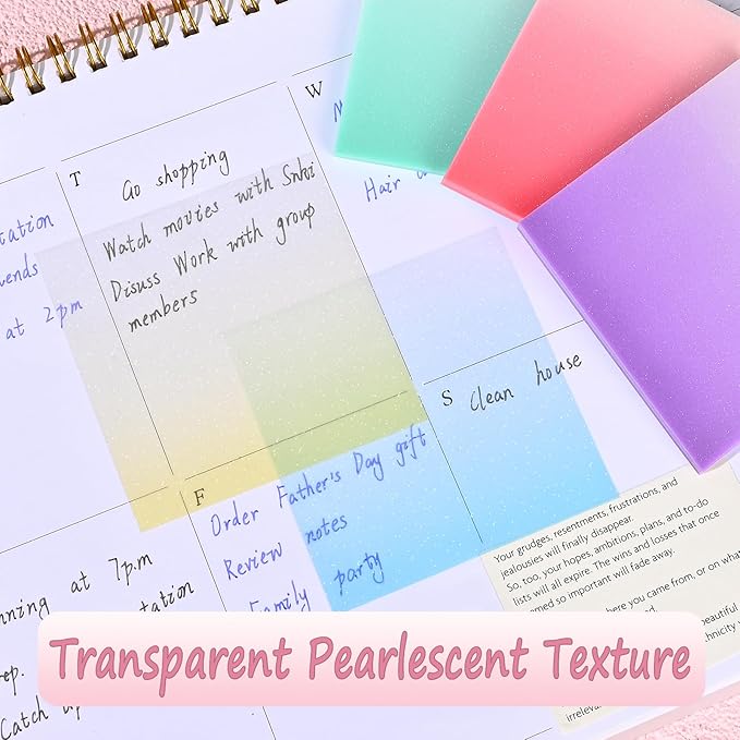 BAYTORY Glitter Transparent Sticky Notes, 3 x 3 Clear Memo Pads, Waterproof Self-Stick Note, See Through Aesthetic Self-Adhesive Note for Bible Accessories (Gradient Color 250 Sheets)
