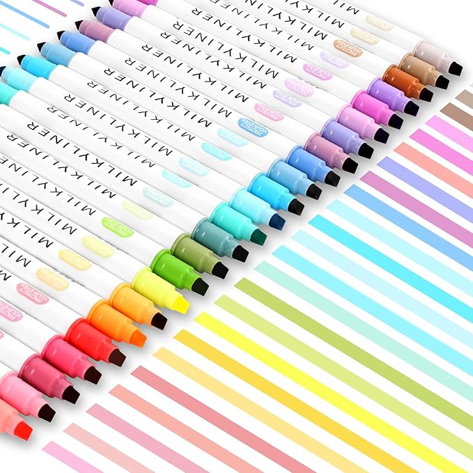 HANKU Pastel Highlighters 24 Pack, Dual Tip No Bleed Bible Highlighters Assorted Colors, Pastel Highlighter Markers for Bible Study Journaling Back to School Office Supplies
