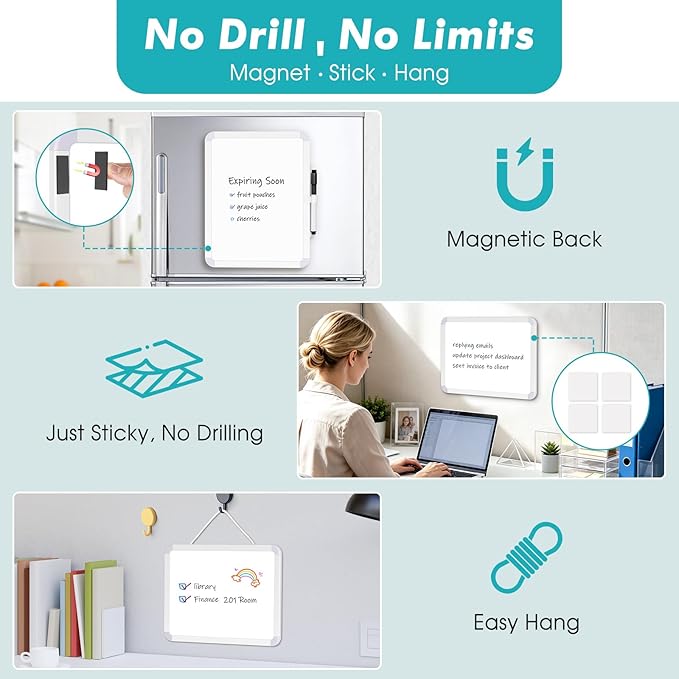 WALGLASS Small Dry Erase Whiteboard, 11" x 14" Magnetic White Board for Wall, Fridge, Locker, Portable Mini White Board for Kids, Students, Hang or Stick Whiteboard for Home, School, Office, Kitchen