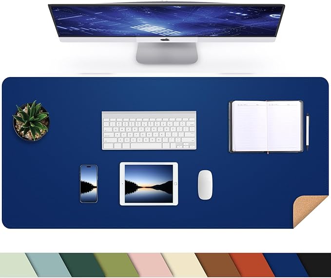 AFIING Cork Desk Mat 35.4" x 17", Dual-Sided Natural Cork & PU Leather Desk Pad, Non-Slip Waterproof Large Mouse Pad for Office, Home & Gaming (Sapphire Blue)