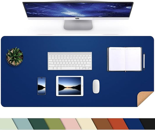 AFIING Cork Desk Mat 35.4" x 17", Dual-Sided Natural Cork & PU Leather Desk Pad, Non-Slip Waterproof Large Mouse Pad for Office, Home & Gaming (Sapphire Blue)