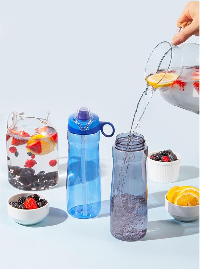 Pogo 2-Pack Plastic Water Bottle with Carry Handle, Reusable, BPA Free, Dishwasher Safe, Perfect for Travel, School, Outdoors, and Gym | 18oz, 32oz