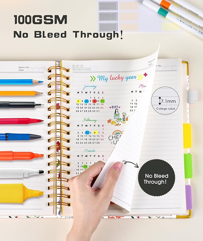 Hardcover Spiral Notebook Journal with Removable Dividers Tabs, 300 Pages 5 Subject Notebook College Ruled, 8"x10" Large Notebooks for Work School Note taking, Journal for Women, Flower White