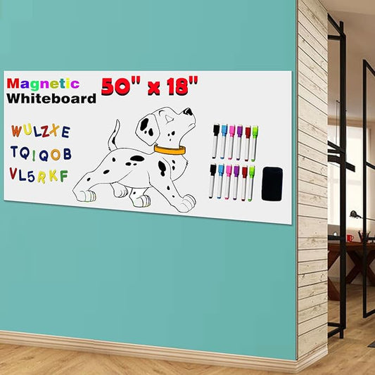 Magnetic Dry Erase Whiteboard Paper for Wall 50" x 18" Self Adhesive White Board Sticker with 12 Magnet Marker and Magnetic Eraser for Office Home Whiteboard Wallpaper Peel and Stick