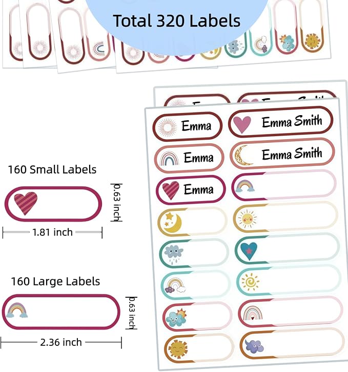 Waterproof Removable Labels Name Tags - 320PCS Adhesive Name Label Stickers for Water Bottles, Baby Daycare, Kids School Supplies, Home Office Organization