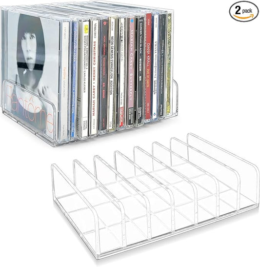 Philbinden 2 Pcs Clear Acrylic CD Holder, DVD/CD Display Rack & CD Storage Box & Vinyl Record Storage Stand Holds up to 14 Standard CD Cases for Media Shelf Storage and Organization