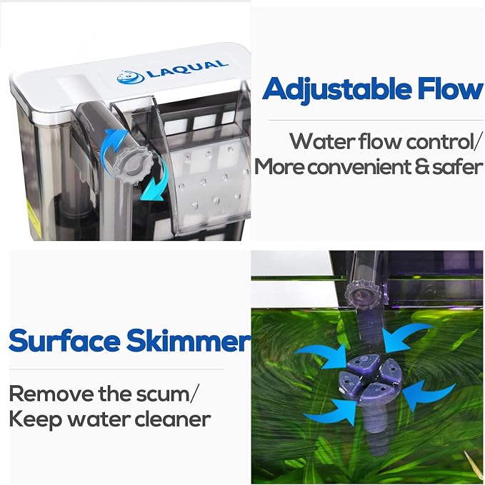 LAQUAL Aquarium Filter with Surface Skimmer, 15-30 Gallon Small Fish Tank Filter, Full Contact & 3 Layer Filtration, Quiet & Efficient, Waterfall Design for Increasing Oxygen, Hang on Back Filter