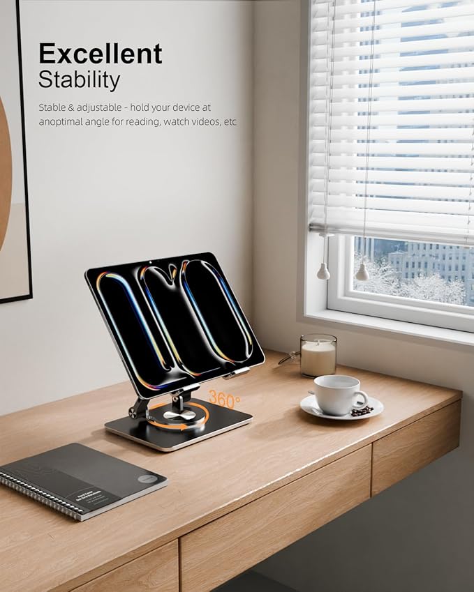 Orlian Tablet Stand Holder with Thickened 360°Rotating Base Dual Rod Adjustable Aluminum Stand for All 5.8-12.9” iPad Samsung Phone Tablet Kindle E-Reader and More, Black