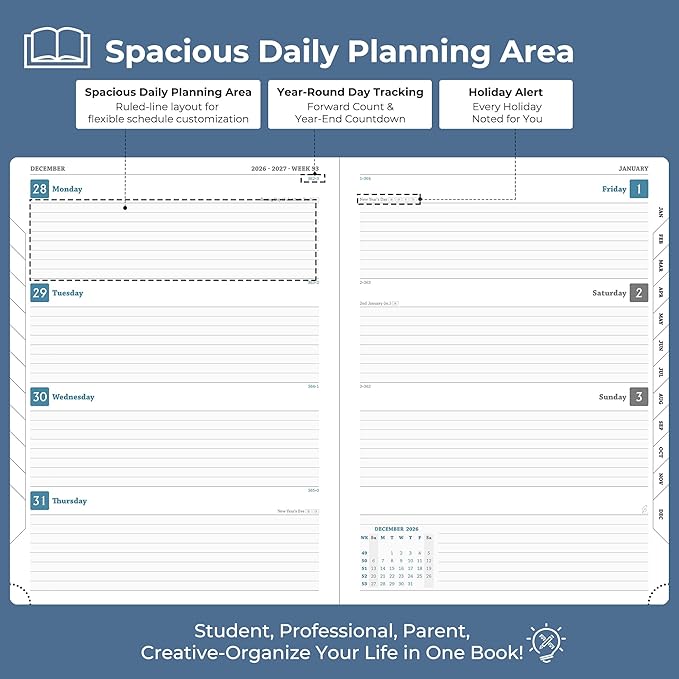 Weekly Monthly 2026-2027 Planner (July 26-Dec 27),11.5"x8.5",18 Months Agenda Plan with Month Tabs & Pocket,Expenses/Note Pages, Academic Calendar with Vegan Leather Cover,Blue