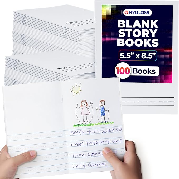 Hygloss Half Blank Books for Kids to Write Stories & Illustrate – Bulk 100 Pack – 5.5" x 8.5" A5 – Primary Journal for Grades K-2, Preschool/Kindergarten Notebook with Picture Space – 24 Pages, White