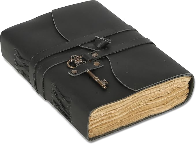 Leather Journal with Deckle Edge Paper 8x6 inch and Vintage Key | Handmade Writing Notebook Diary | Bound Daily Notepad for Men & Women Medium, Sketch/Writing pad for Artists