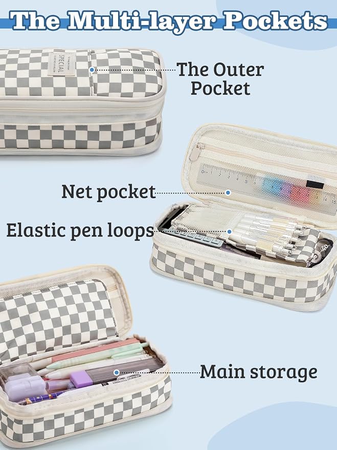 Bigmeta Gingham Expandable Pencil Case for Teens Girls - Light Gray | Zipper Gusset for Adjustable Capacity, Checkered Cute Pencil Pouch, Stationery Bag Box for Student Back to School Gifts