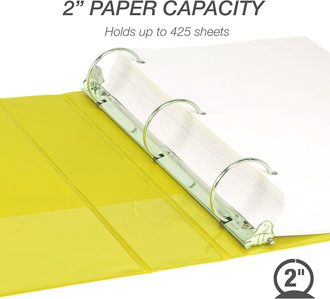 Samsill 2 Inch 3 Ring Binders, Economy Round Ring, Clear View Cover, 425 Sheet Capacity - for School, Home, Office - Yellow, 12 Pack