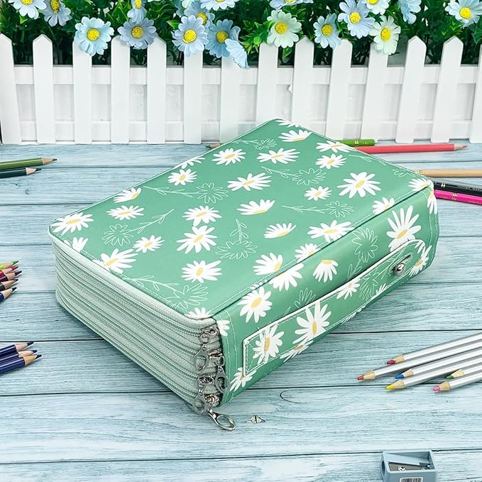 YOUNGCOL 200 Slots Colored Pencil Case Color Pencil Organizer Storage Large Capacity Pencil Case (Green + Sunflower)