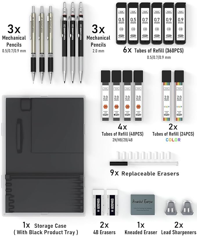 Four Candies 25PCS Mechanical Pencil Set with Case, Art Supplies with Metal Pencil 0.5, 0.7, 0.9 mm & 3PCS 2mm (HB 2H 2B 4B Color) & 432 Graphite Lead Refills, Technical Drawing Kit for Teen & Adults