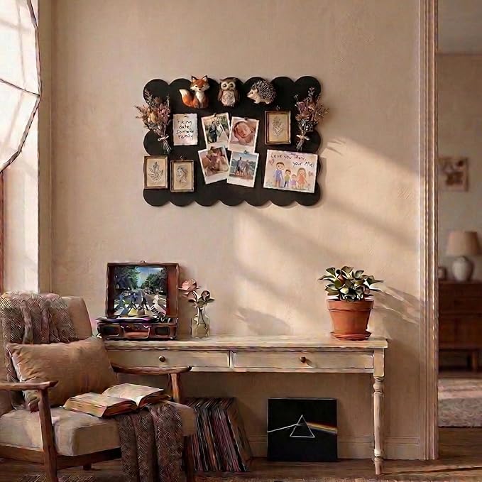 Scalloped Bulletin Board, 24x18 Scalloped Felt Bulletin Board, 2' x 1.5' Foldable Picture Display with 20 Pins & 5 Cute Decors - Black
