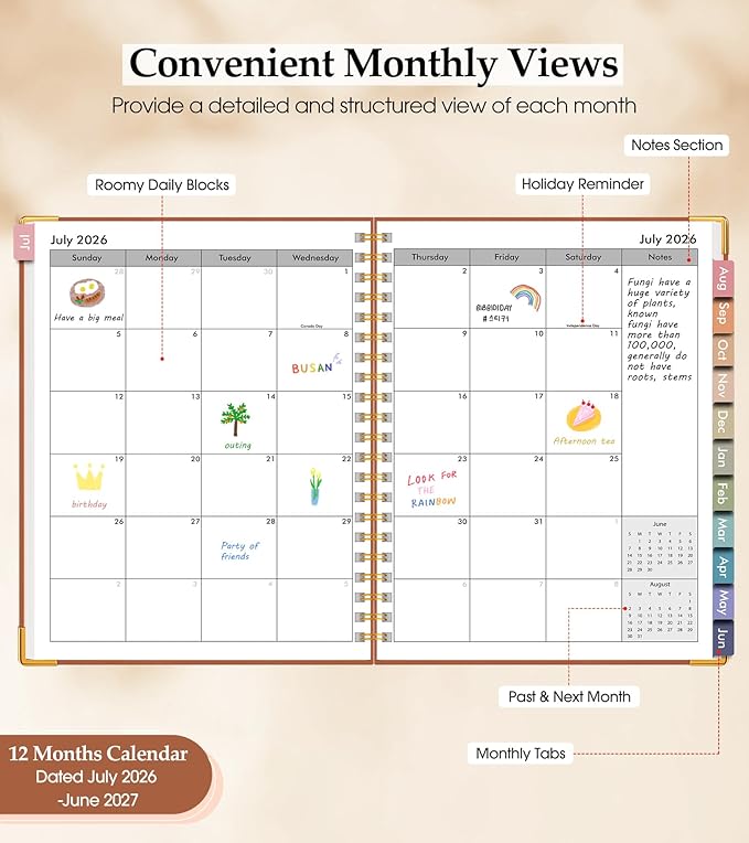 Academic Planner 2026-2027, Hardcover Leather Weekly and Monthly Calendar Planner from July 2026 - June 2027, A4 8.5" x 11" Daily Agenda with Tabs, College School Organizer for Student Teacher, Brown