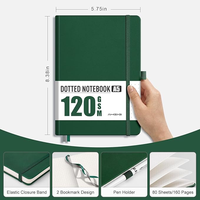AHGXG Dotted Journal - Dot Grid Notebook Journal, 120 GSM Thick Acid-Free Paper, A5 Dotted Notebook 160 Pages, Leather Hardcover, Inner Pocket, Journal Stencil, 5.7'' × 8.3'', Dark Green