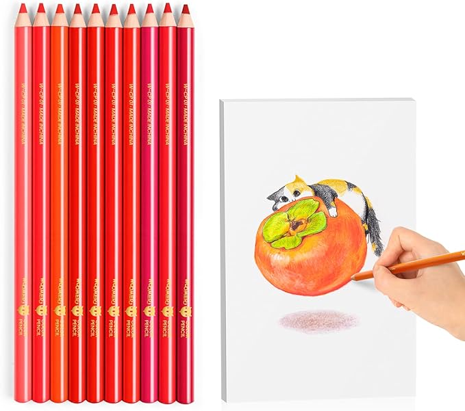 Woomer Colored Pencils: 10-Piece Red Colored Pencils with Paper 20 Professional Fine Grain Drawing Paper for Multi-Layer Blending Practice