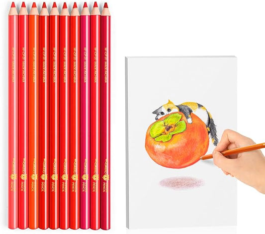 Woomer Colored Pencils: 10-Piece Red Colored Pencils with Paper 20 Professional Fine Grain Drawing Paper for Multi-Layer Blending Practice