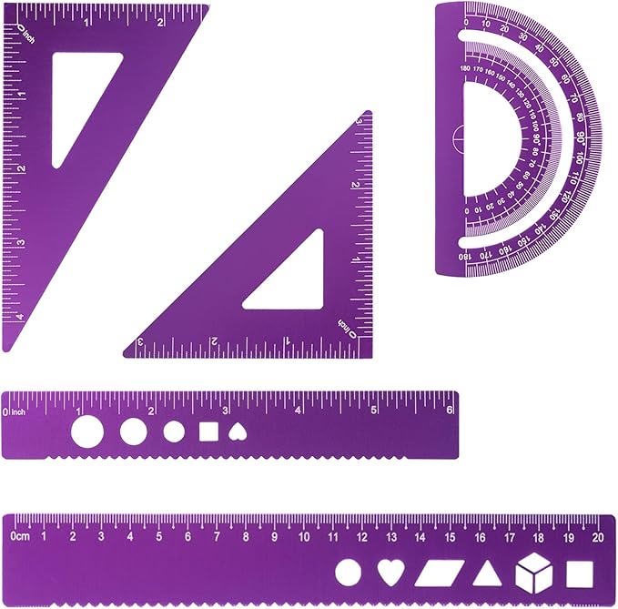 5 Pcs Metal Geometry Set, Math Drafting Ruler Kit- Aluminum Triangle Rulers, Protractor, 8 Inch and 6 Inch Drawing Ruler, Measuring Tool for School and Office Supplies (Purple)