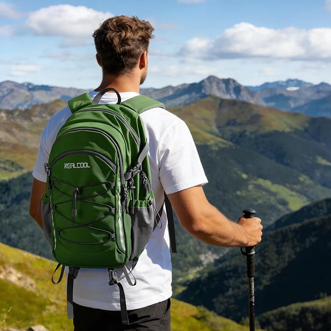 RealCool 30L Lightweight Hiking Backpack, Waterproof Daypack for Camping | 210D tear-resistant nylon, breathable shoulder and back panel, Multi-Compartment,hydration system,reflective strip,bungee net