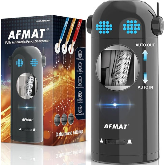 AFMAT Electric Pencil Sharpener, Fully Automatic Colored Pencil Sharpener for 7-11.5mm Pencils, Auto in & Out, Robot Pencil Sharpeners for Kids, Rechargeable Hands-Free with Dotted Eyes, PSX5ET, Gray